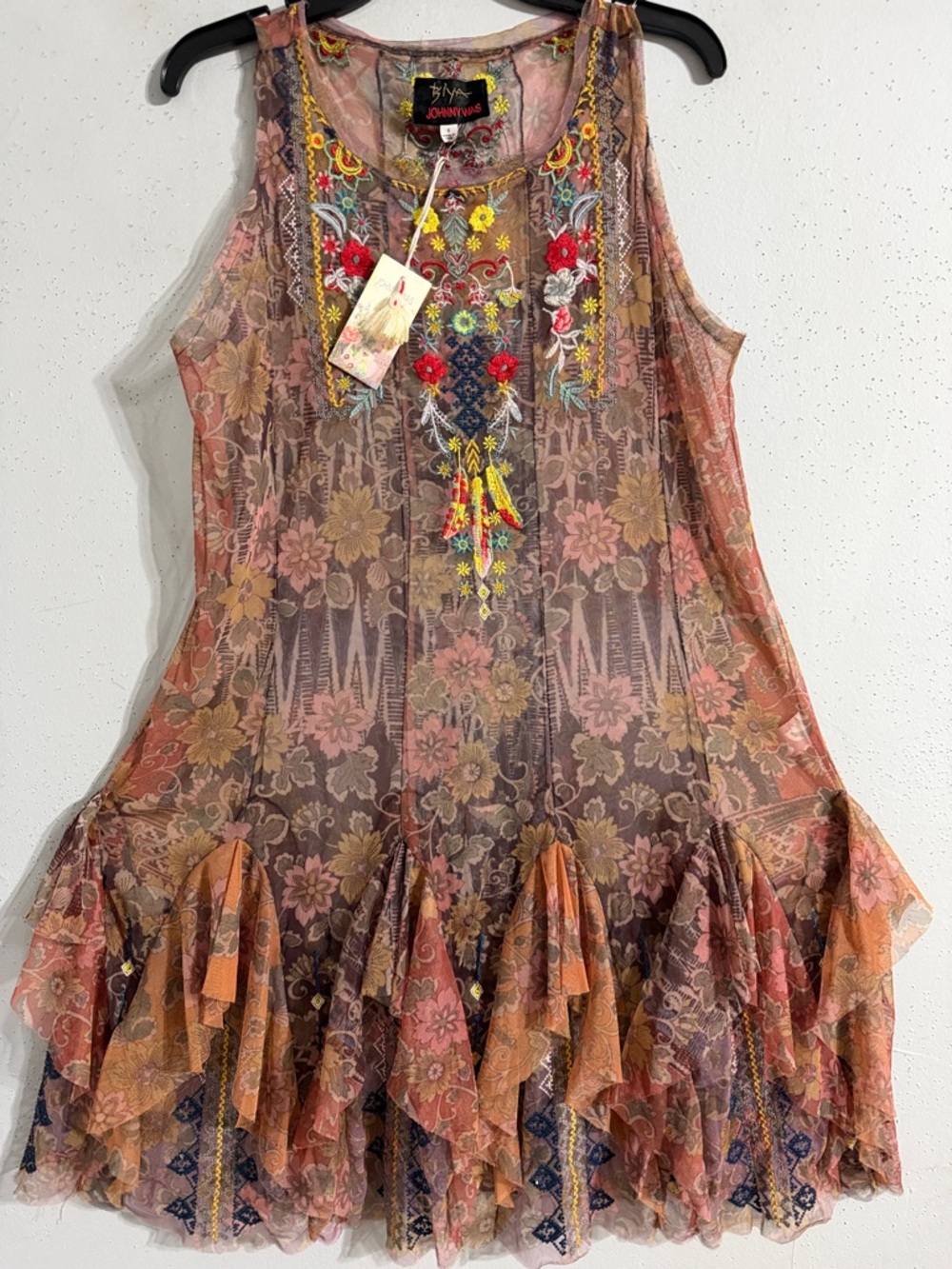 NWT Biya Johnny Was Floral Embroidered Sheer Mini Dress in Multi-Color